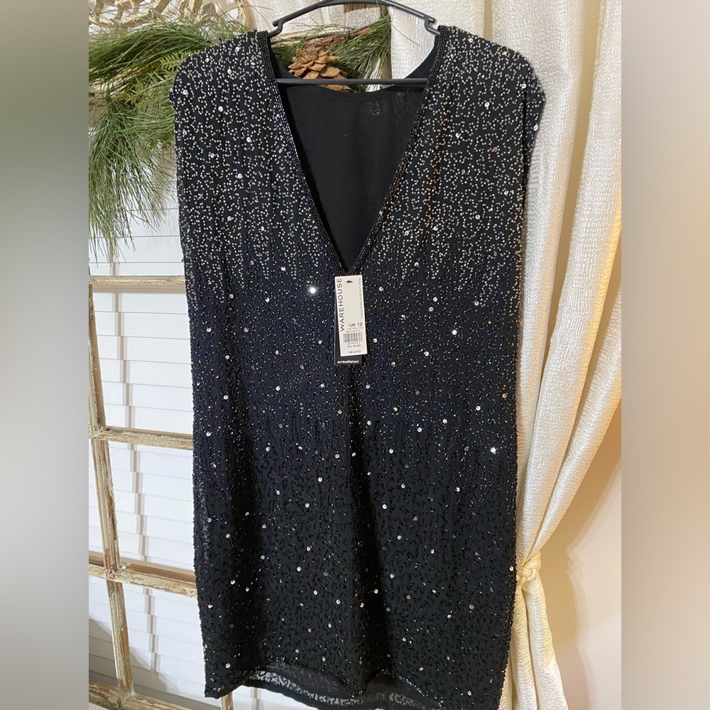 Warehouse embellished sequin shift dress V back